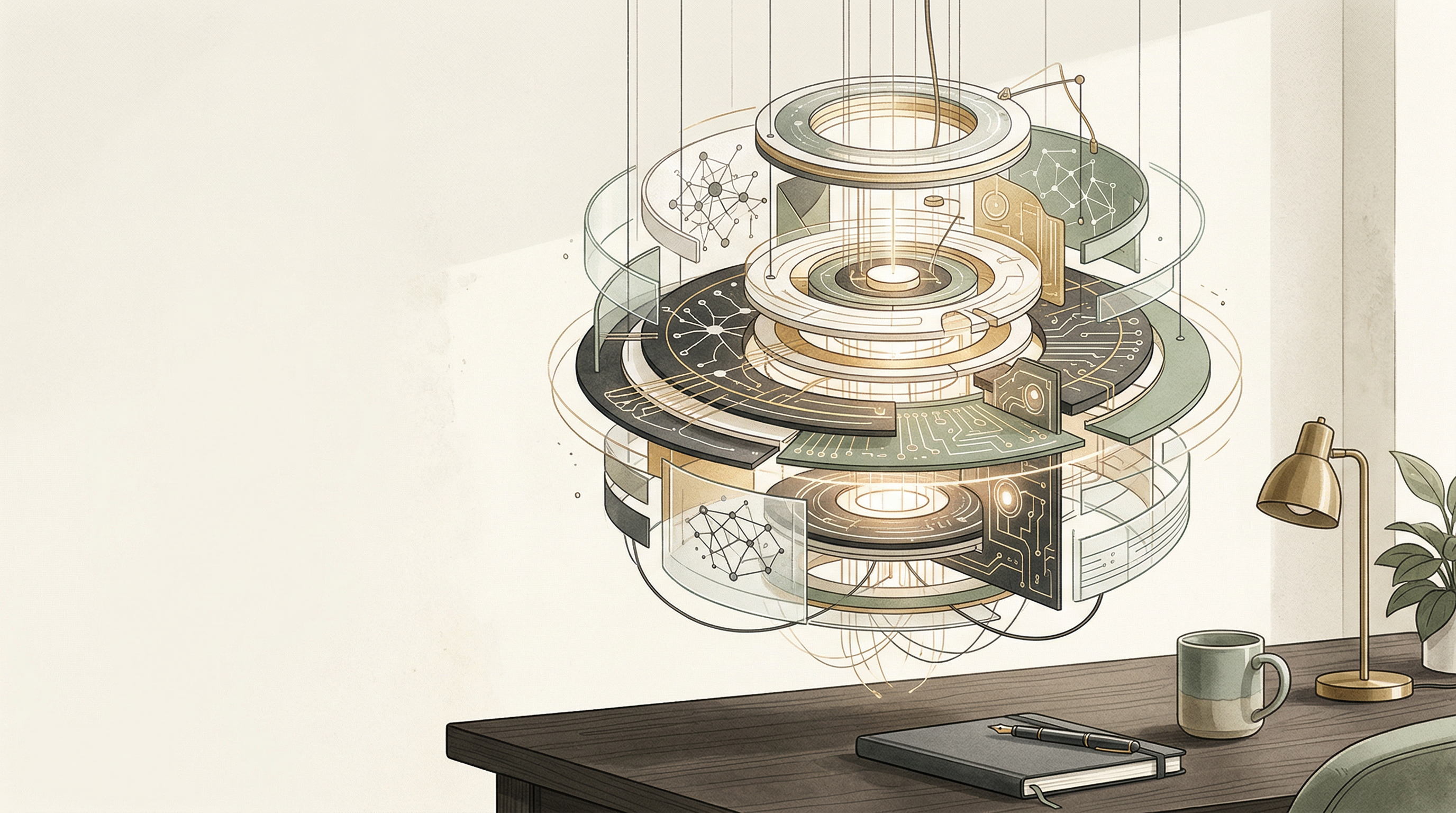 Abstract editorial illustration of a reasoning engine formed from layered glass, paper, and circuitry.