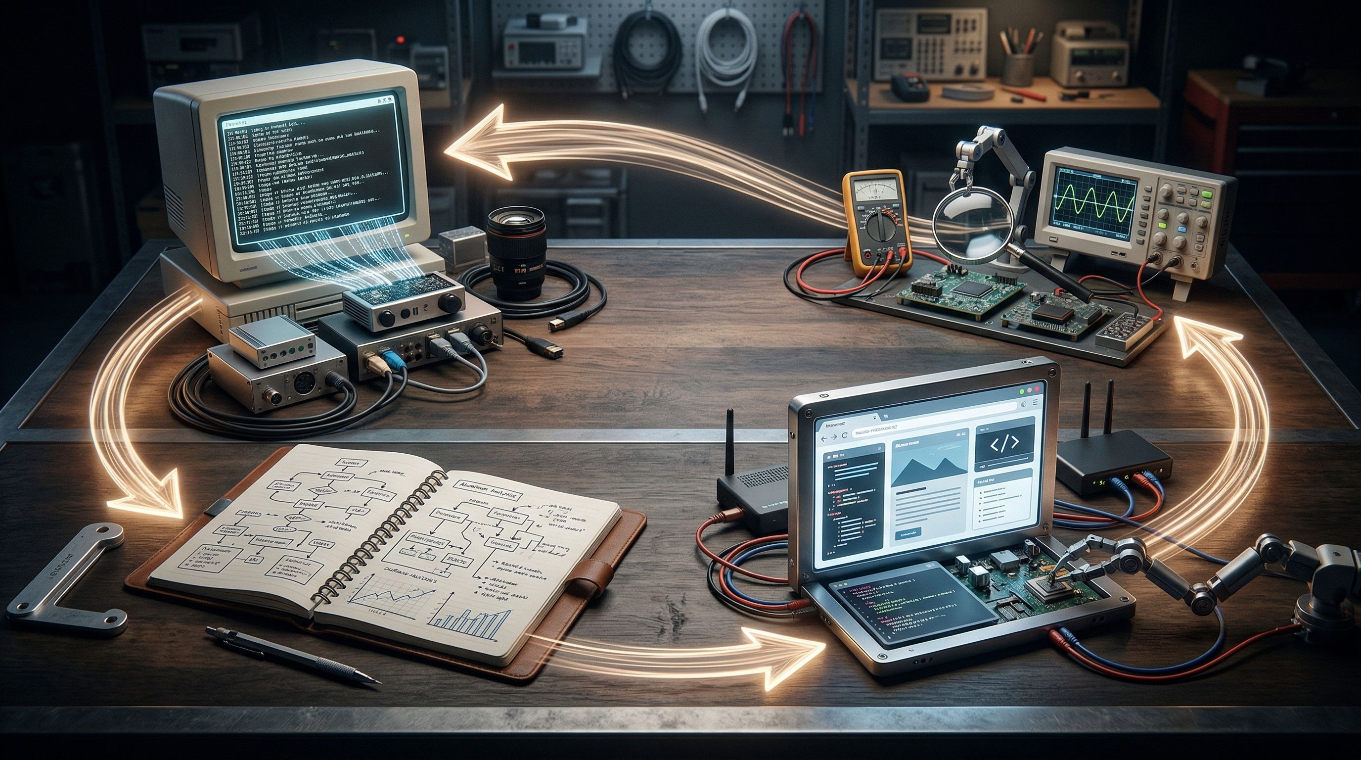 Tactile editorial composition showing a loop of tools and feedback around an intelligent core.