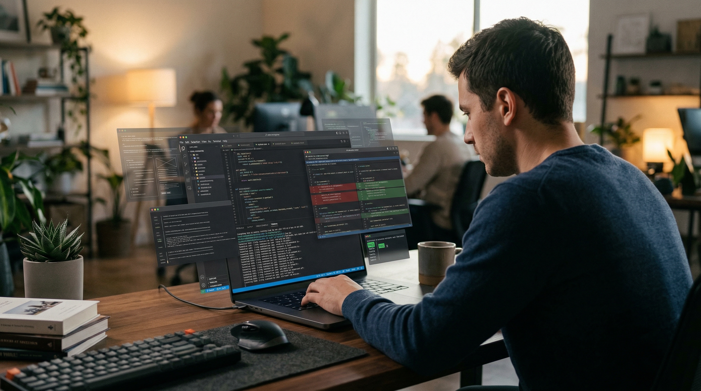Editorial desk scene with code, terminal output, and test feedback implying an autonomous coding agent at work.