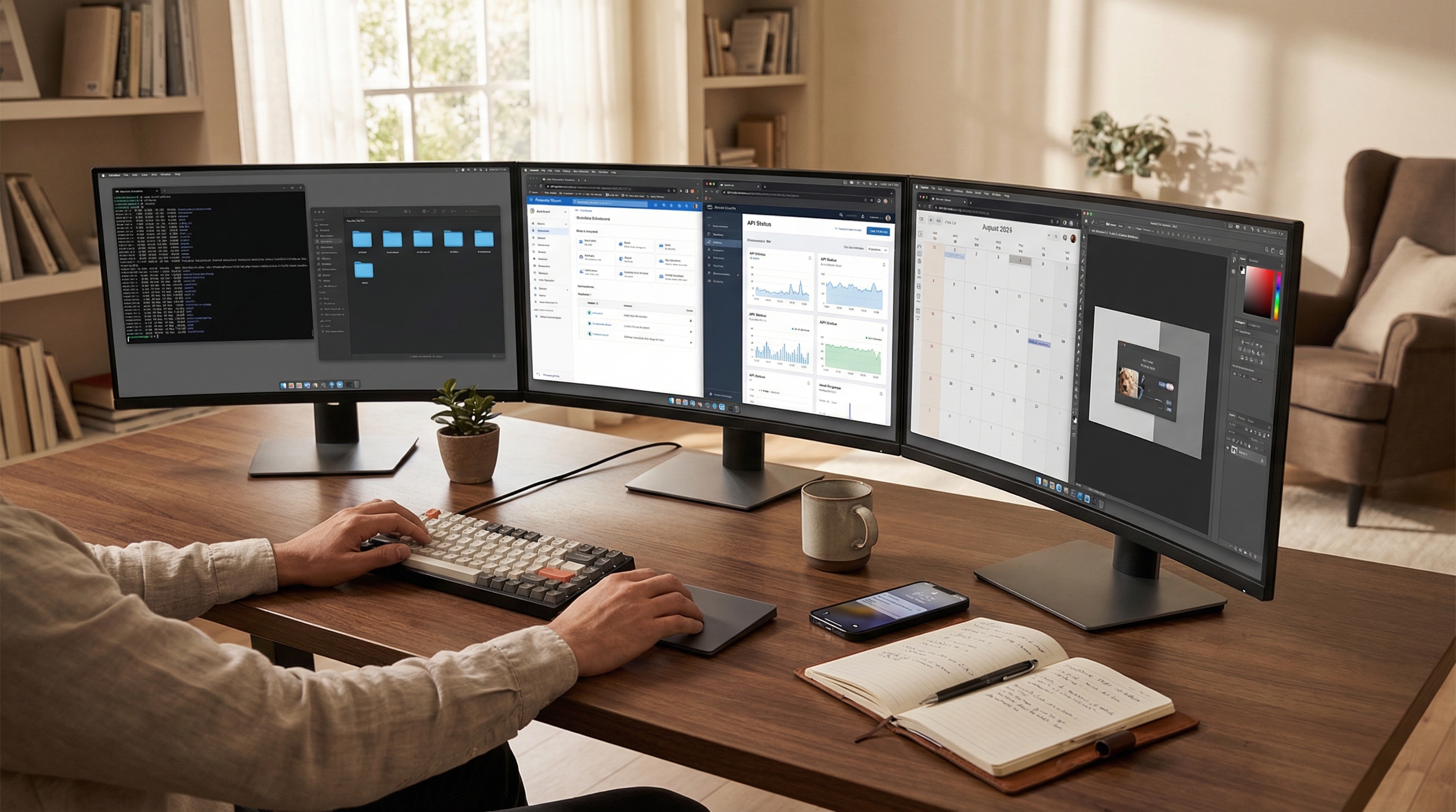 Editorial desk setup with multiple screens showing a terminal, browser, file system, API dashboard, calendar, and design tool.