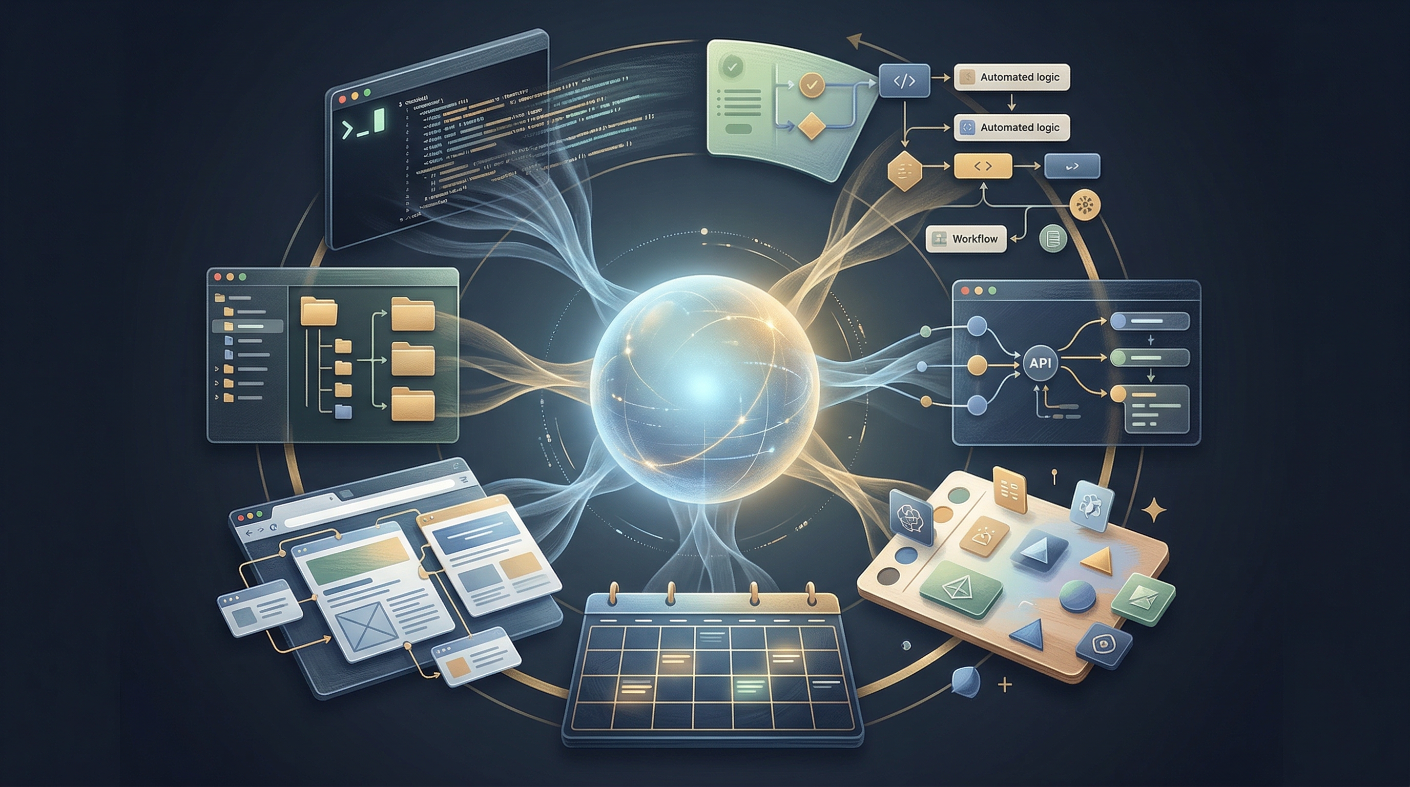 A composed collage of terminal, browser, files, design canvas, and automation tools surrounding a central intelligence.