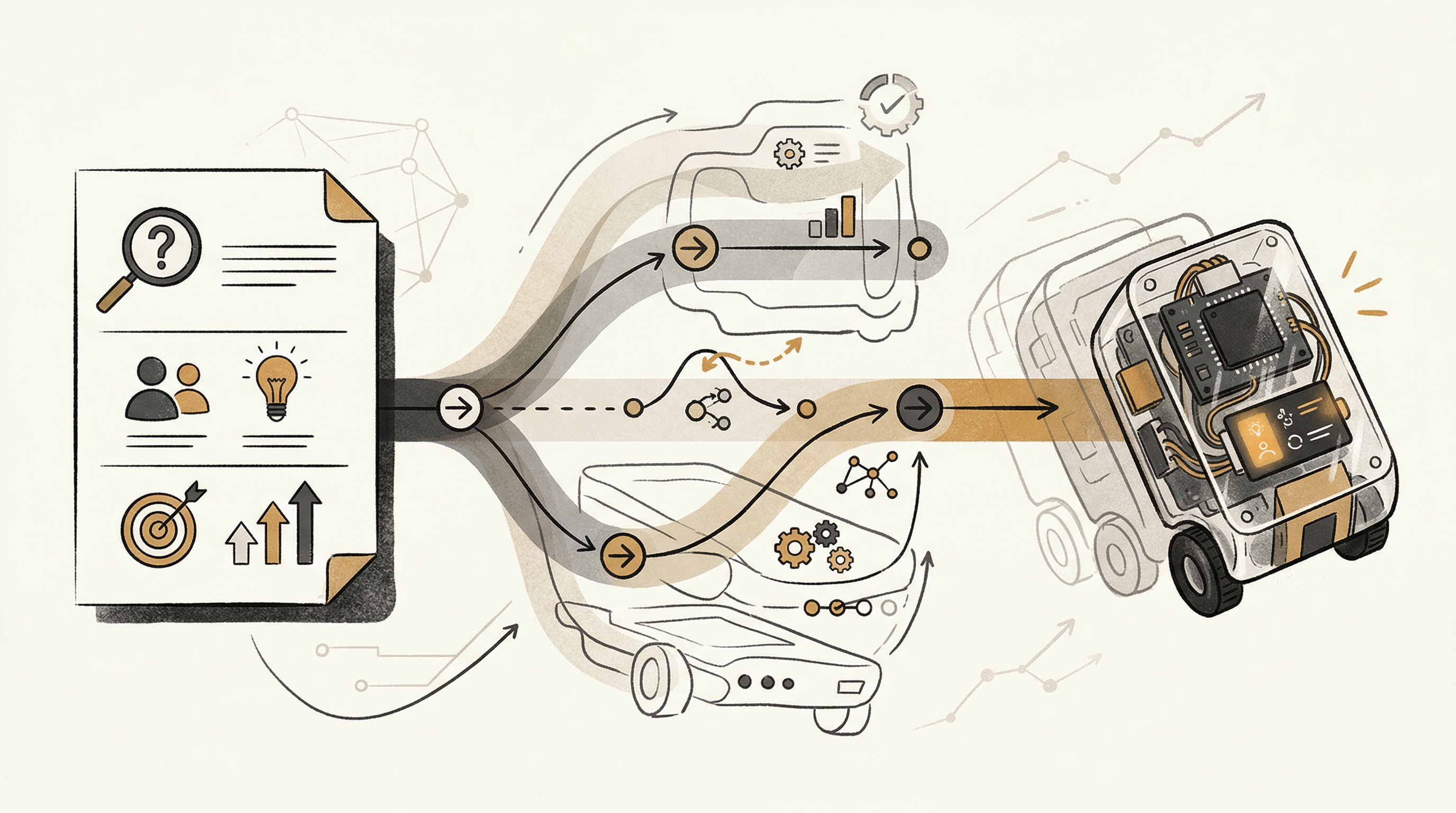 Presentation illustration showing a product brief transforming into a working prototype through iterative checkpoints.