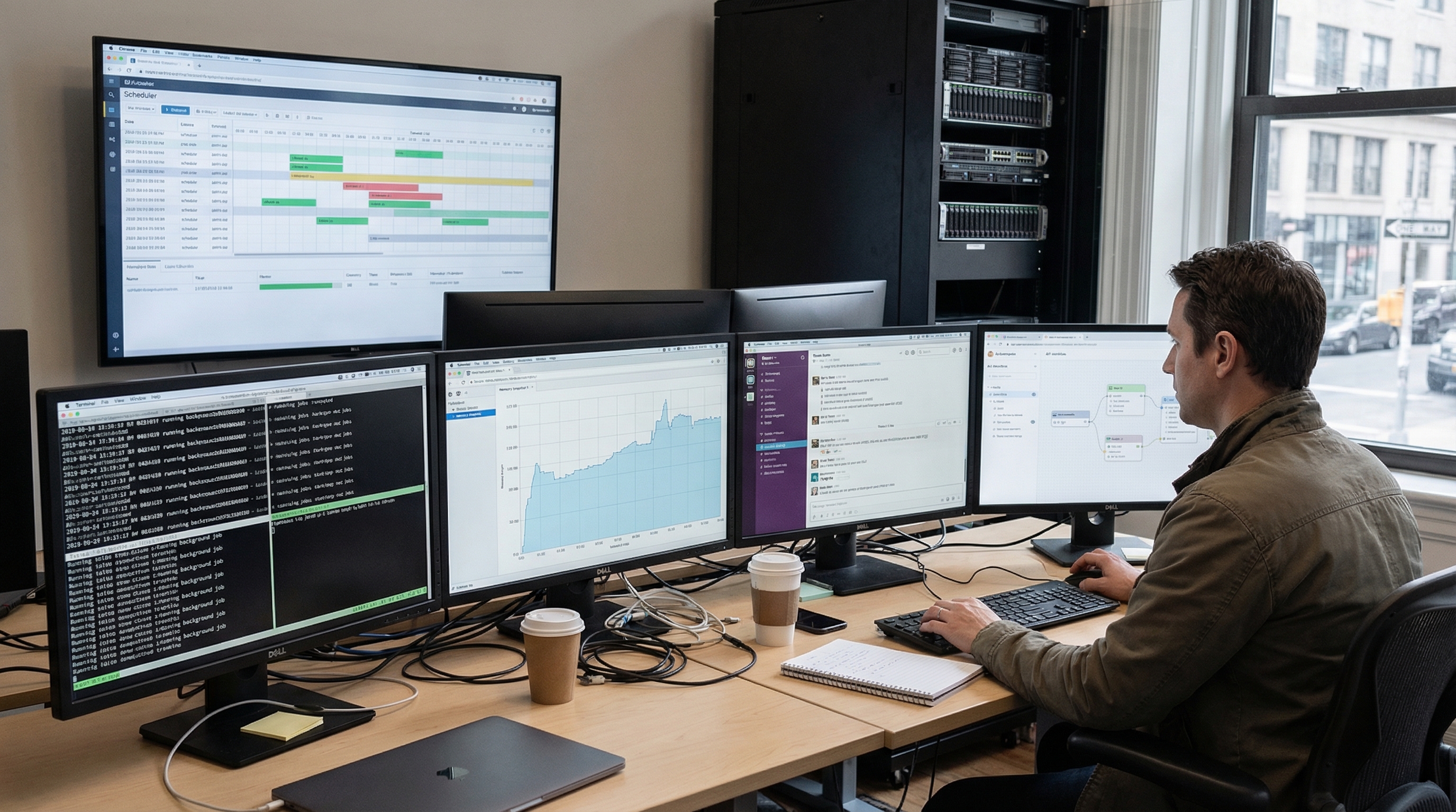 Operations-style workspace with monitors showing schedulers, jobs, memory, APIs, and communications tools.