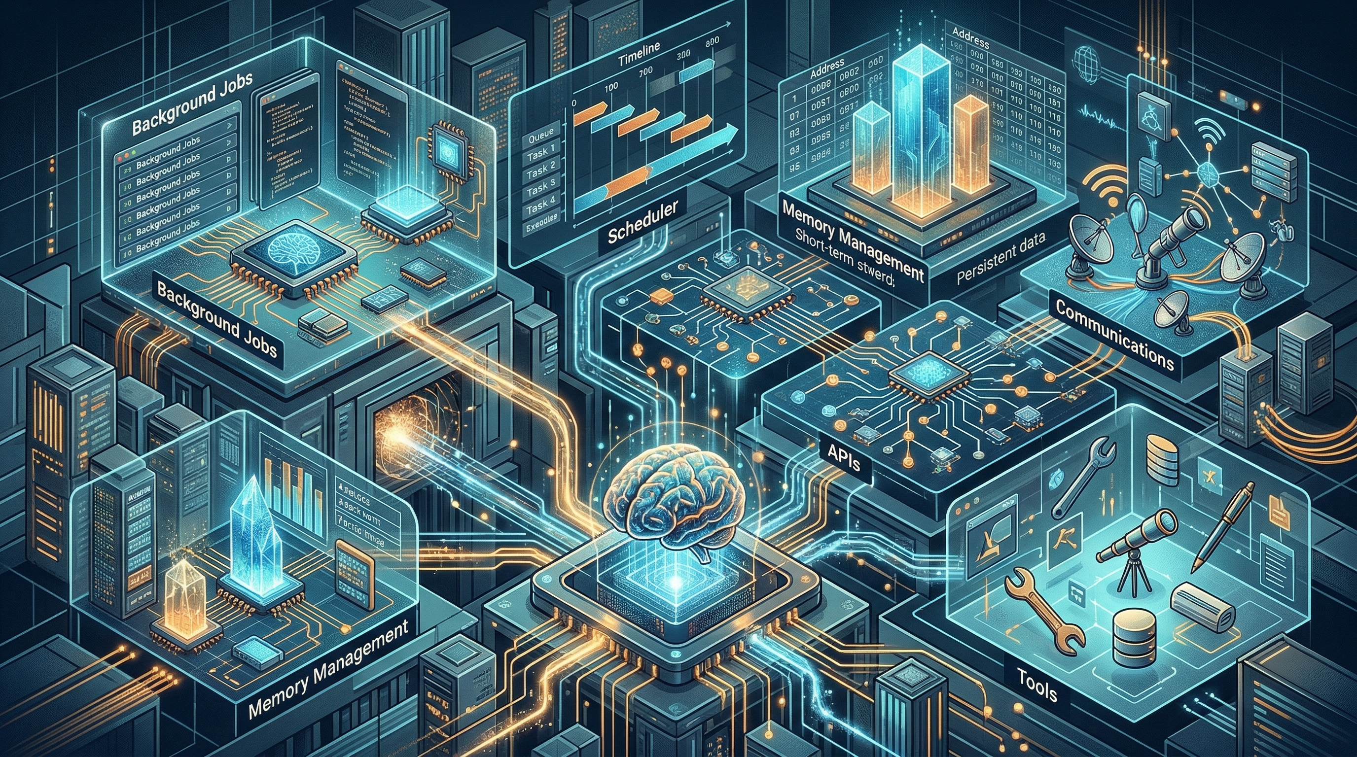 A refined systems illustration of operating-system-level tools, memory, scheduling, and APIs composed into one agentic environment.