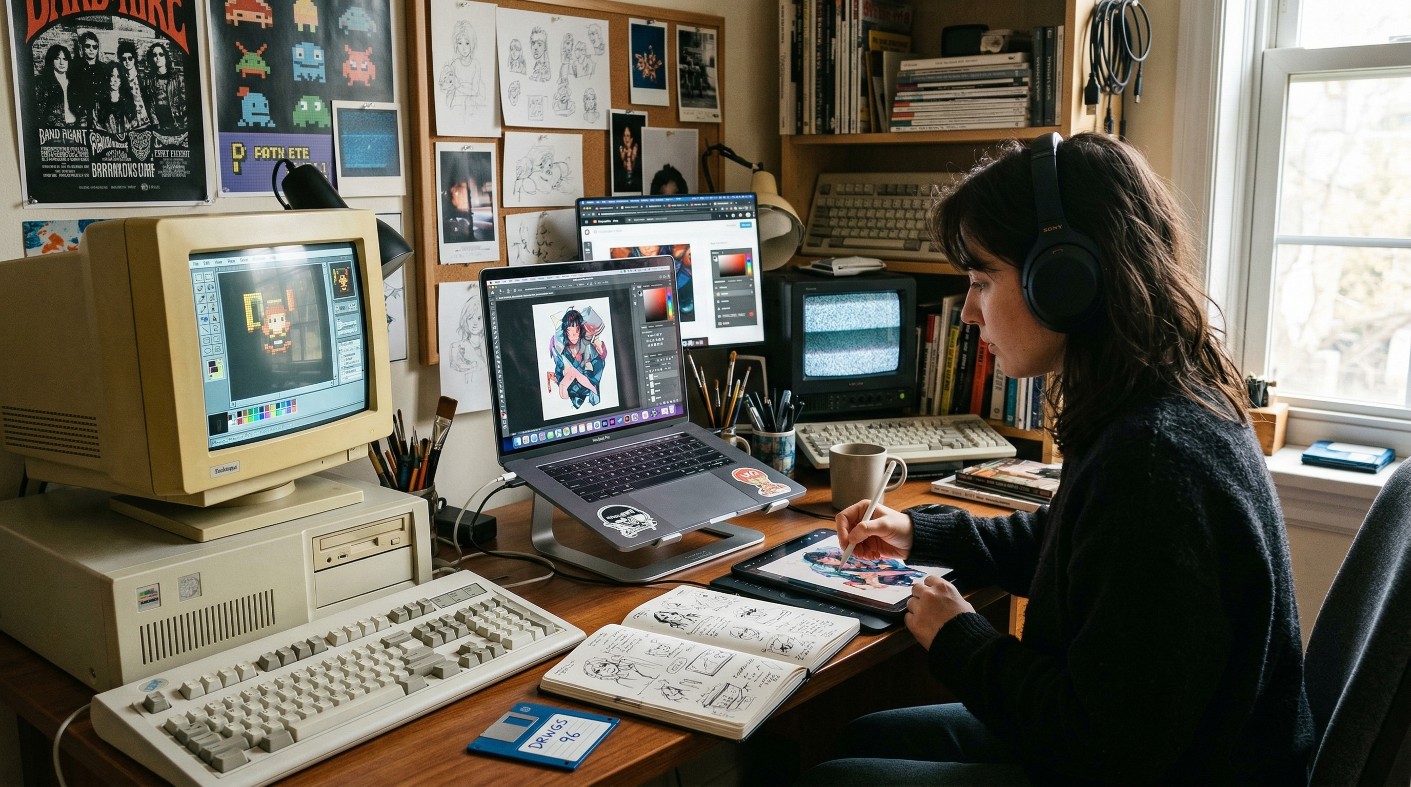 A bedroom creator workspace that blends nostalgic personal computing with contemporary creative tools.