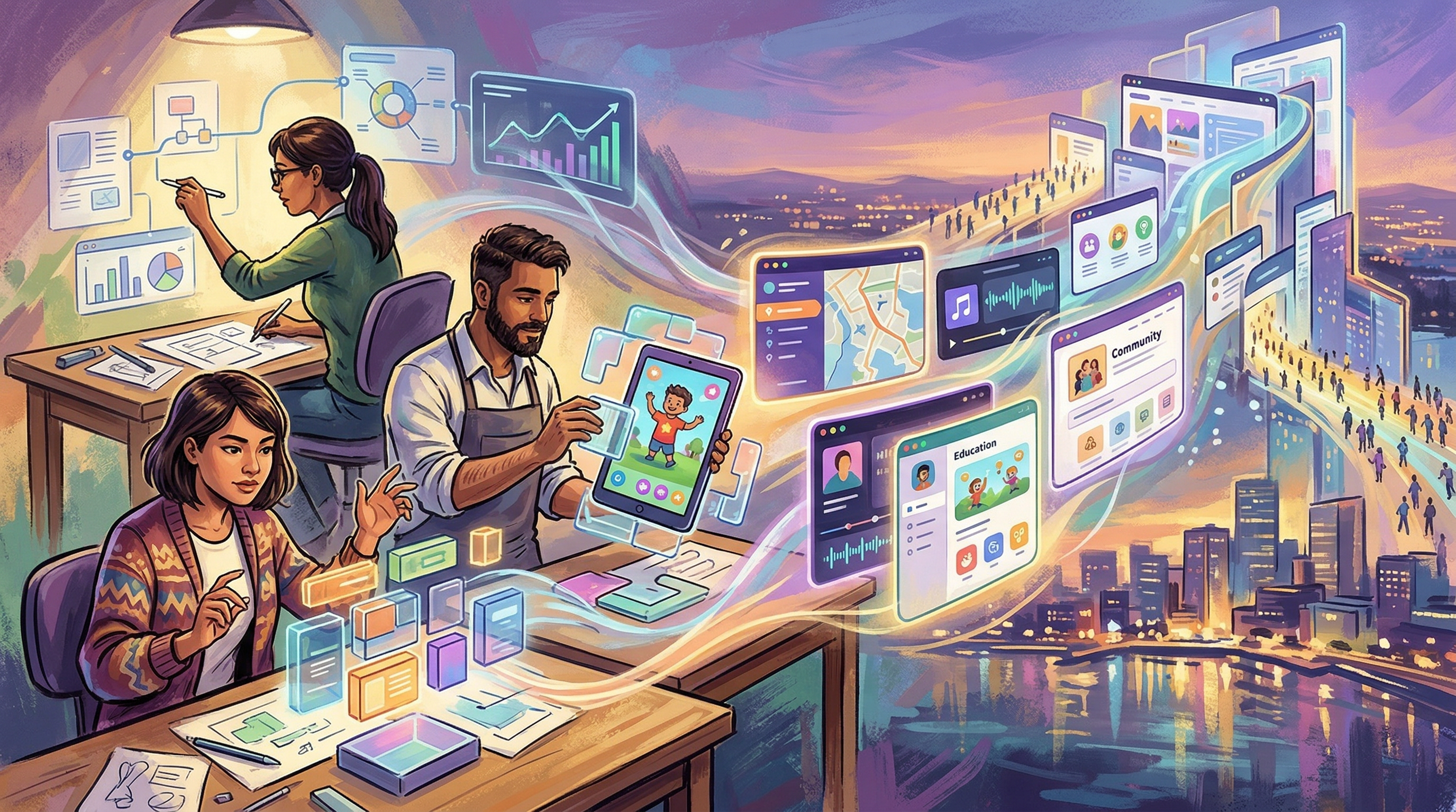 Editorial illustration of ordinary people turning ideas into polished software products and experimental applications.