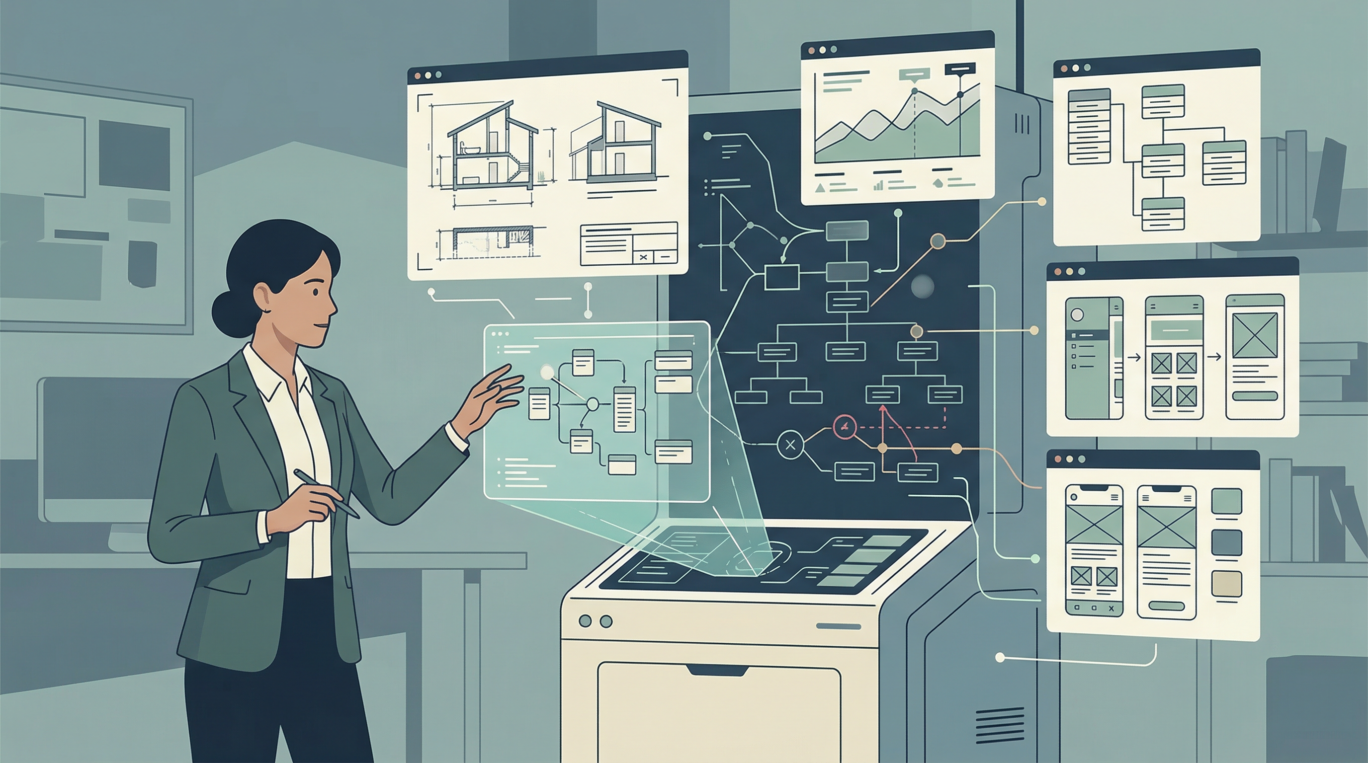 A calm editorial scene of a person refining software through dialogue, drafts, diagrams, and constraints.