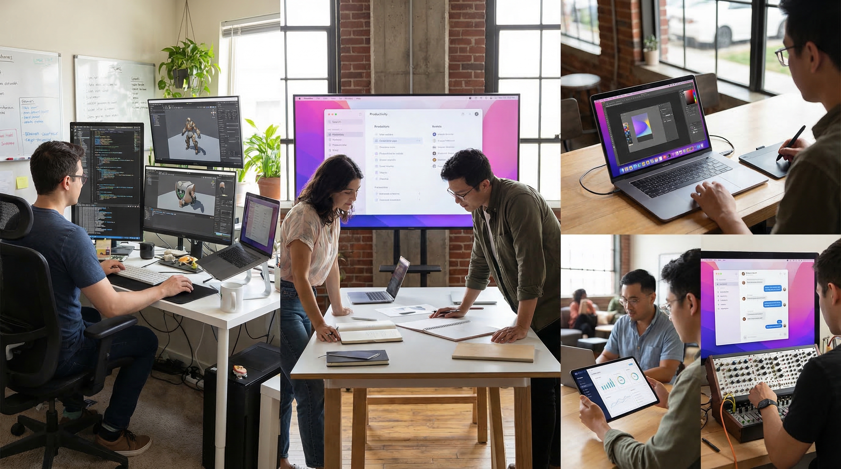 Independent creators in small studios building different kinds of software products across multiple screens.